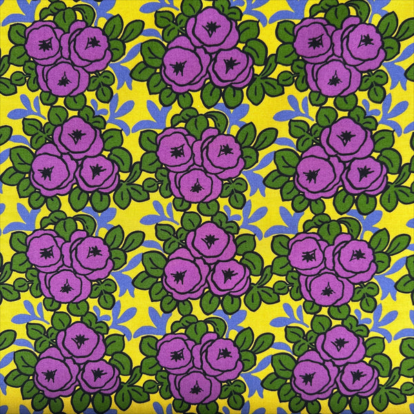 Full view of Pottery Rose Cotton Canvas Fabric by Cotton Kobayashi, style UP-9001 C, featuring Scandinavian rose bunches, in purple, imported from Japan