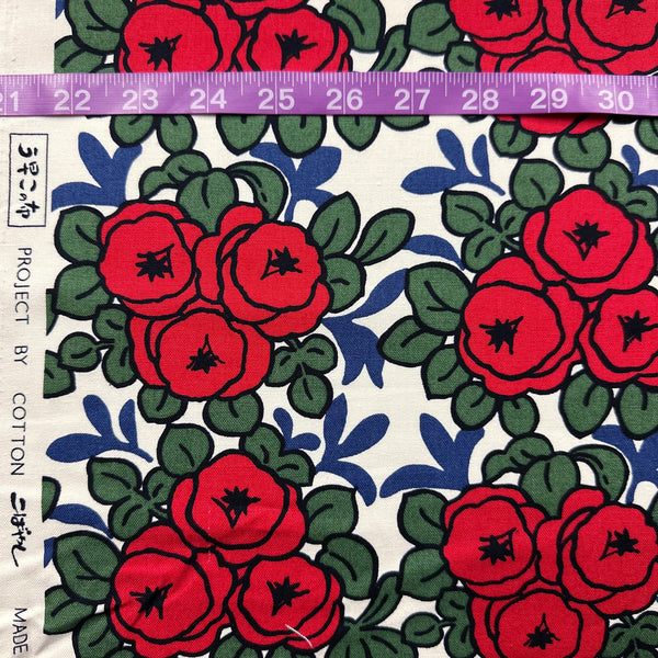 Scale of Pottery Rose Cotton Canvas Fabric by Cotton Kobayashi, style UP9001, featuring Scandinavian rose bunches, in red, imported from Japan