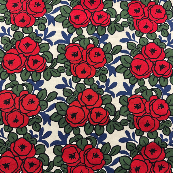 Pottery Rose Cotton Canvas Fabric by Cotton Kobayashi, style UP9001, featuring Scandinavian rose bunches, in red, imported from Japan
