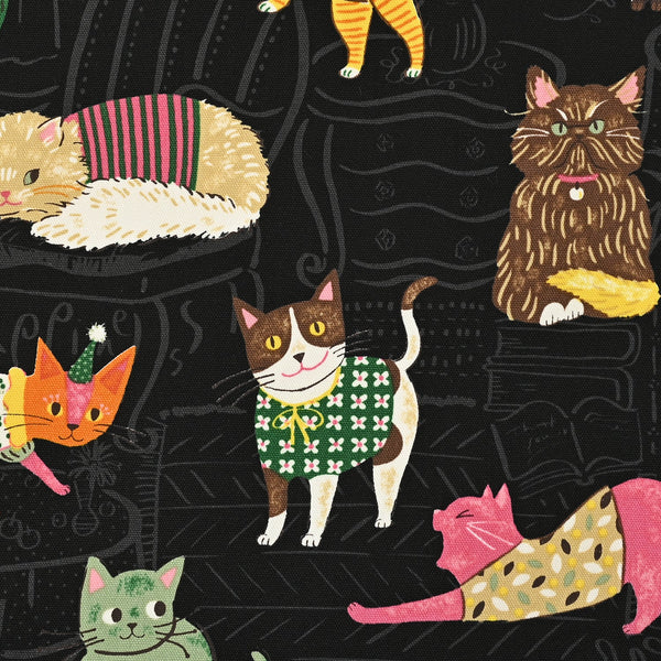 Powerful Animal Cats Cotton Oxford Fabric by Kokka Japan, featuring bold cat illustrations on mid-weight black cotton