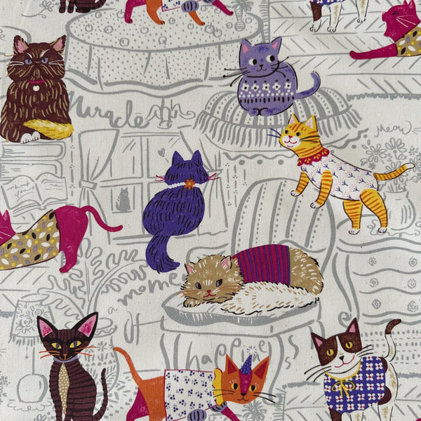 Powerful Animal Cats cotton oxford fabric by Kokka in ivory, style YGA-71000-1A