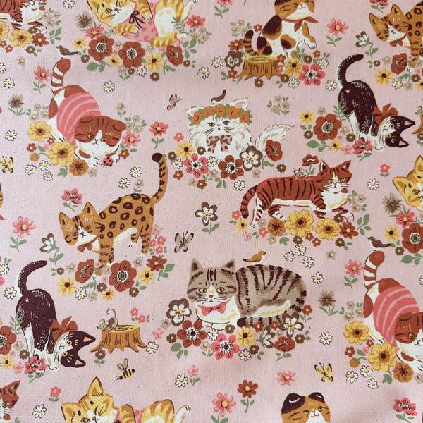 Powerful Animal Cats Garden cotton oxford fabric by Kokka in pink, style YGA-81050-1 B