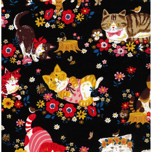 Close up of Powerful Animal Cats Garden cotton oxford fabric by Kokka in black featuring playful illustrated cat garden design