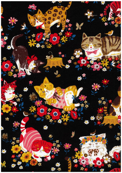 Powerful Animal Cats Garden cotton oxford fabric by Kokka in black featuring playful illustrated cat garden design