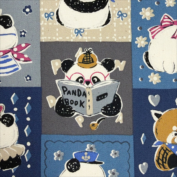 Close up of Powerful Animal Panda cotton oxford fabric by Kokka in blue multi, YGA-96010-2E