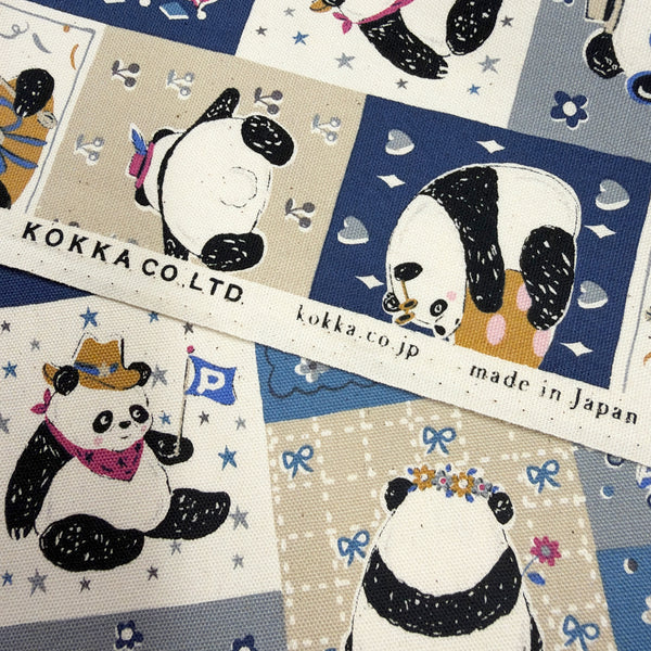 Selvage of Powerful Animal Panda cotton oxford fabric by Kokka in blue multi, YGA-96010-2E