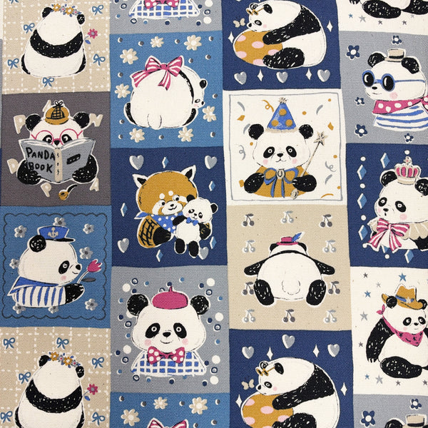 Powerful Animal Panda cotton oxford fabric by Kokka in blue multi, YGA-96010-2E