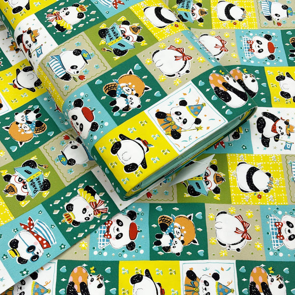 Bolt of Powerful Animal Panda cotton oxford fabric by Kokka in green, YGA-96010-2B