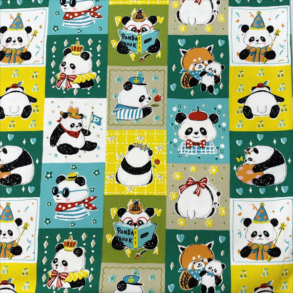 Powerful Animal Panda cotton oxford fabric by Kokka in green, YGA-96010-2B