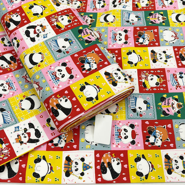 Bolt of Powerful Animal Panda cotton oxford fabric by Kokka in red multi, YGA-96010-2A