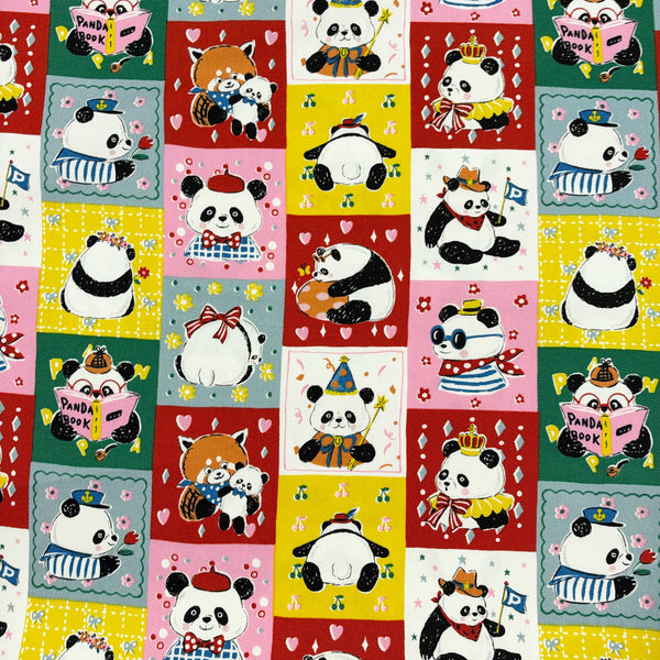 Powerful Animal Panda cotton oxford fabric by Kokka in red multi, YGA-96010-2A