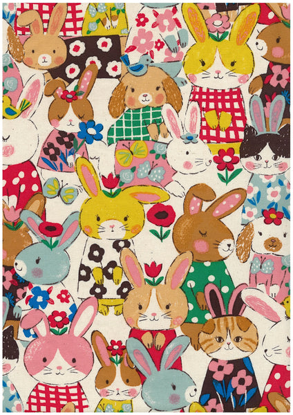 Full view of Powerful Animal Rabbit cotton oxford fabric by Kokka, Japanese import featuring playful rabbit print