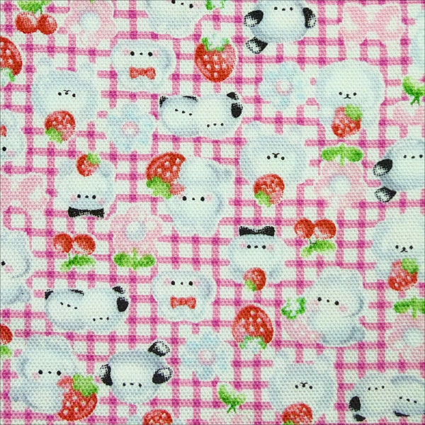Close up of Puchi Parade Bird Check cotton oxford fabric by Kokka in pink and white, YKA-46000-2A