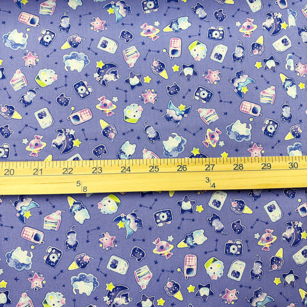 Scale of Puchi Parade Pop Treats cotton oxford fabric by Kokka in purple, YKA-46000-1B