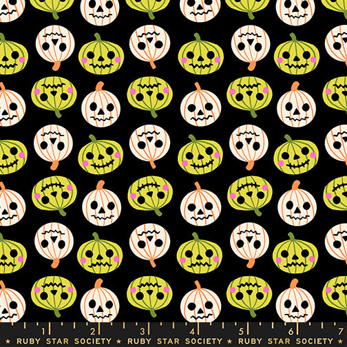 Scale of Pumpkin Party cotton fabric by Ruby Star Society featuring pumpkins on a black background.