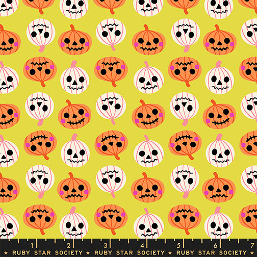 Scale of Pumpkin Party cotton fabric by Ruby Star Society featuring pumpkins on a citron background.