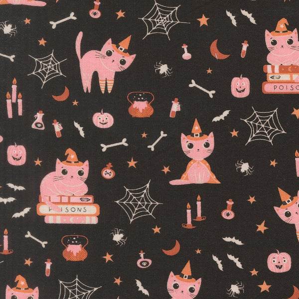 Purrs and Boos Cats cotton fabric by Elena Amo for Moda featuring playful Halloween cats, ghosts, and spooky details on a black background