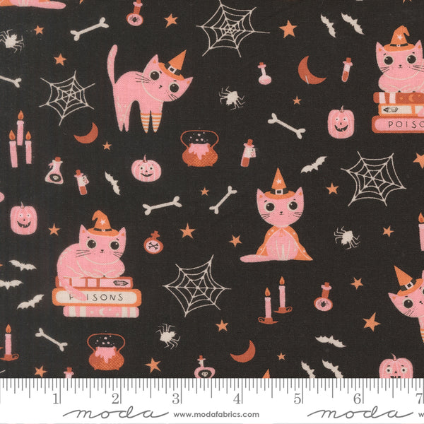 Scale of Purrs and Boos Cats cotton fabric by Elena Amo for Moda featuring playful Halloween cats, ghosts, and spooky details on a black background