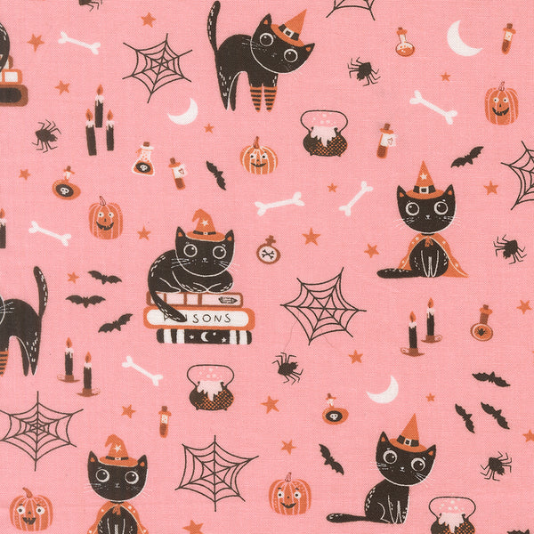 Purrs and Boos Cats cotton fabric by Elena Amo for Moda featuring playful Halloween cats, ghosts, and spooky details on a candy background