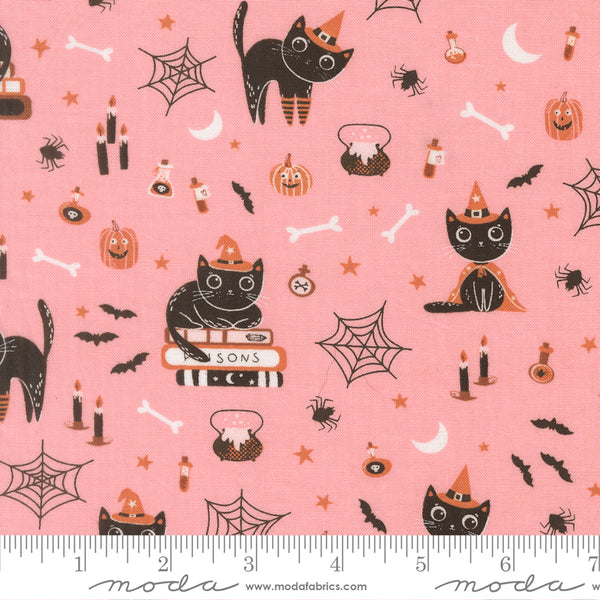 Scale of Purrs and Boos Cats cotton fabric by Elena Amo for Moda featuring playful Halloween cats, ghosts, and spooky details on a candy background