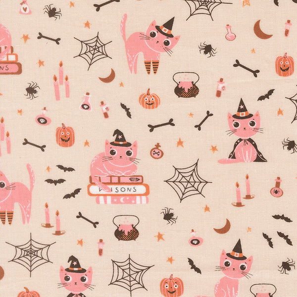 Purrs and Boos Cats cotton fabric by Elena Amo for Moda featuring playful Halloween cats, ghosts, pumpkins, and potion bottles on a moonbeam background