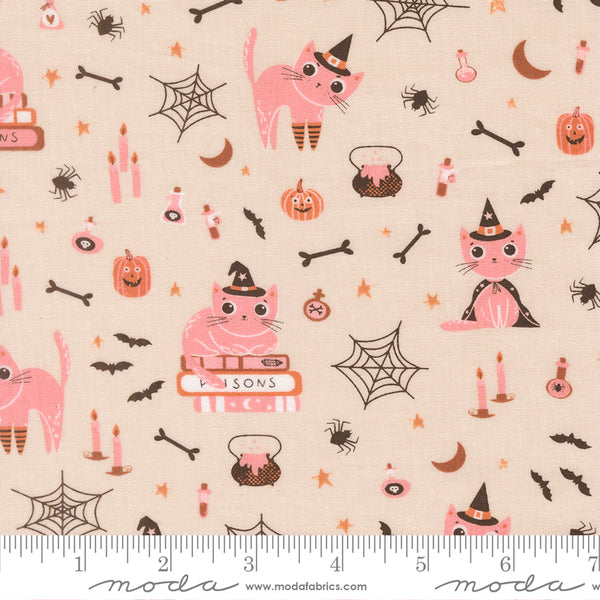 Scale of Purrs and Boos Cats cotton fabric by Elena Amo for Moda featuring playful Halloween cats, ghosts, pumpkins, and potion bottles on a moonbeam background