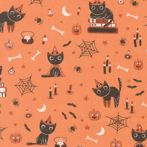 Purrs and Boos Cats cotton fabric by Elena Amo for Moda featuring playful Halloween cats, ghosts, and spooky details on a pumpkin background
