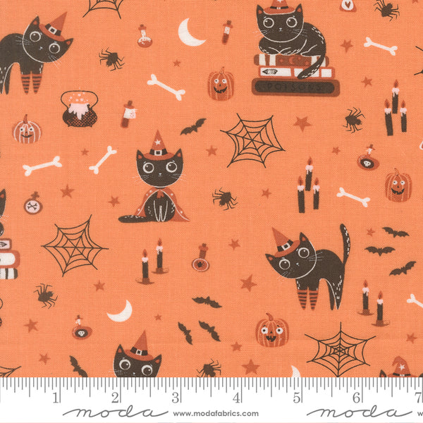 Scale of Purrs and Boos Cats cotton fabric by Elena Amo for Moda featuring playful Halloween cats, ghosts, and spooky details on a pumpkin background
