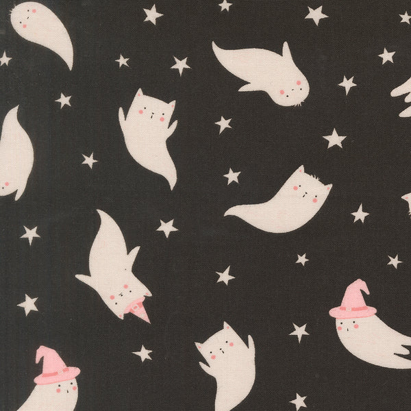Purrs and Boos Ghost cotton fabric by Elena Amo for Moda featuring sweet cat ghosts and stars on a black background