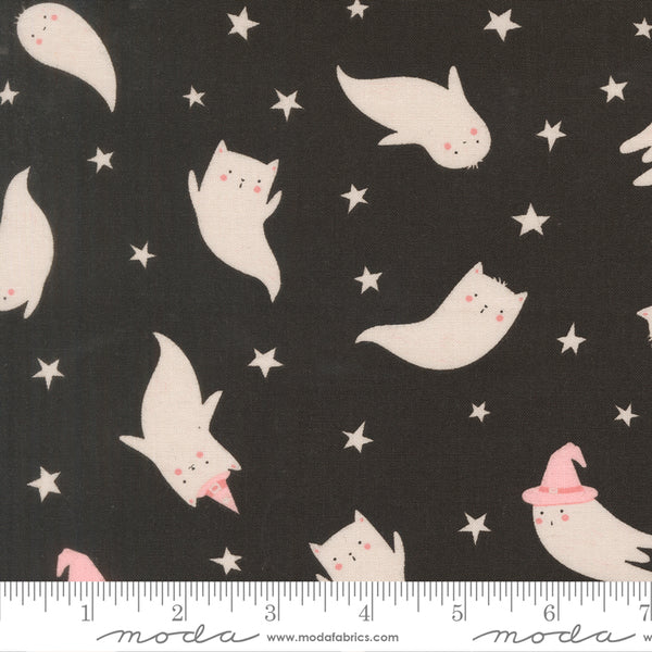 Scale of Purrs and Boos Ghost cotton fabric by Elena Amo for Moda featuring sweet cat ghosts and stars on a black background