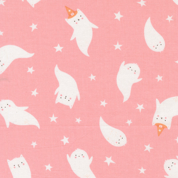 Purrs and Boos Ghost cotton fabric by Elena Amo for Moda featuring sweet cat ghosts and stars on a candy-colored background