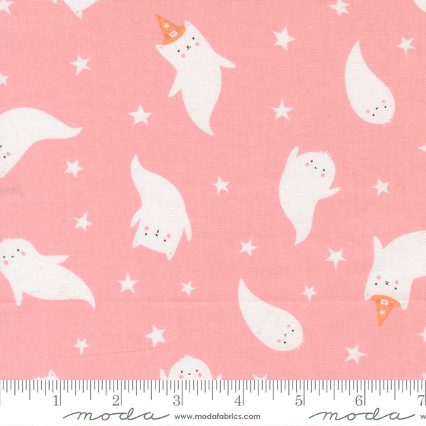 Scale of Purrs and Boos Ghost cotton fabric by Elena Amo for Moda featuring sweet cat ghosts and stars on a candy-colored background