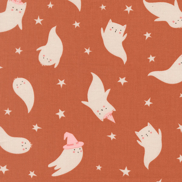 Purrs and Boos Ghost cotton fabric by Elena Amo for Moda featuring sweet cat ghosts and stars on a spice-colored background