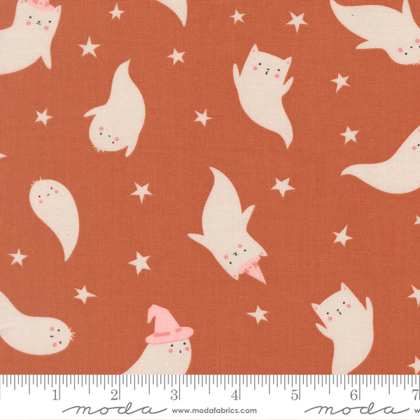 Scale of Purrs and Boos Ghost cotton fabric by Elena Amo for Moda featuring sweet cat ghosts and stars on a spice-colored background