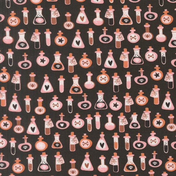 Purrs and Boos Poisons cotton fabric by Elena Amo for Moda featuring cute potion bottles on a black background