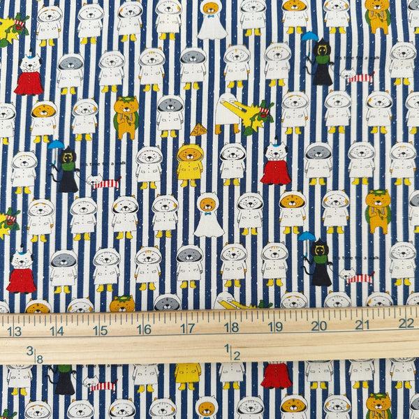 Scale of Raincoat Cats Cotton Canvas fabric by Cotton Kobayashi, style KTS-7194F, in navy stripe