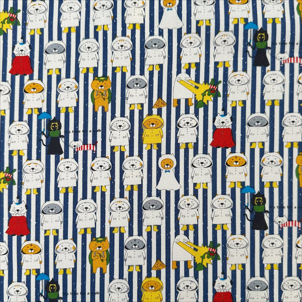 Raincoat Cats Cotton Canvas fabric by Cotton Kobayashi, style KTS-7194F, in navy stripe