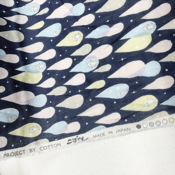 Selvage of Raindrop Cats cotton double gauze fabric by Cotton Kobayashi in navy and multicolor