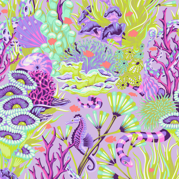Reef What You Sew in Ultraviolet from the Floral Reef collection by Tula Pink – coral reef scene with sea animals and ocean life