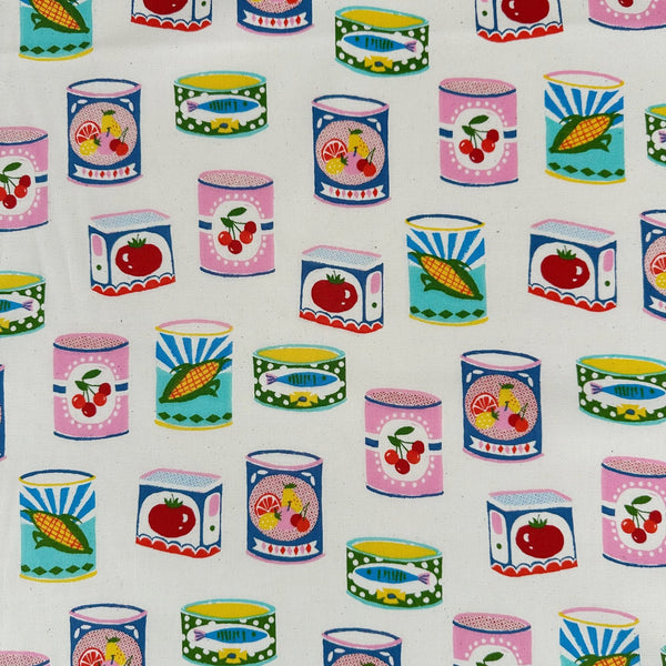 Retro Cans cotton oxford fabric by Sevenberry in natural, style 850607