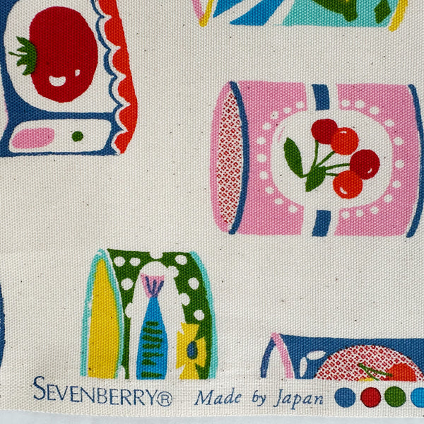 Selvage of Retro Cans cotton oxford fabric by Sevenberry in natural, style 850607