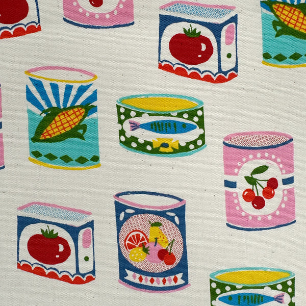 Close up of Retro Cans cotton oxford fabric by Sevenberry in natural, style 850607
