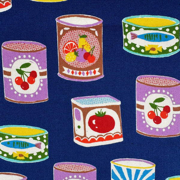 Close up of Retro Cans cotton oxford fabric by Sevenberry in navy, style 850607