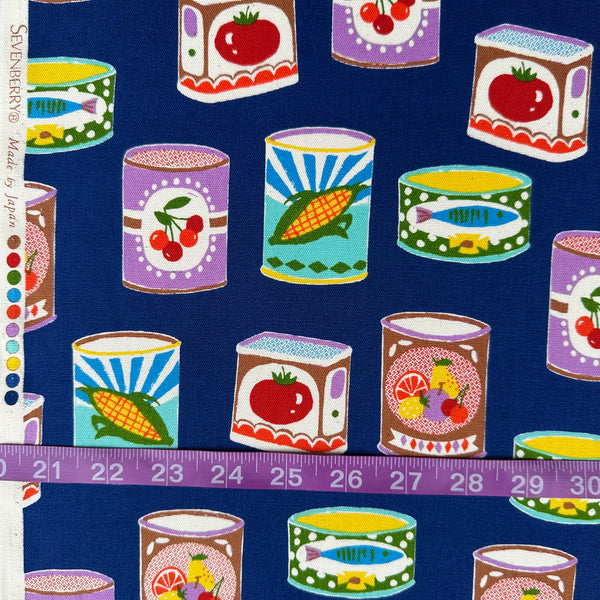 Scale of Retro Cans cotton oxford fabric by Sevenberry in navy, style 850607