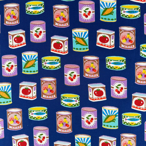 Retro Cans cotton oxford fabric by Sevenberry in navy, style 850607