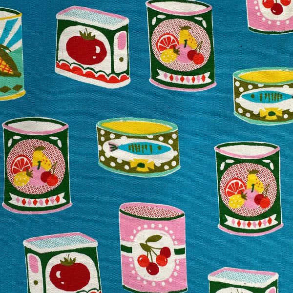Retro Cans cotton oxford fabric by Sevenberry in teal, style 850607