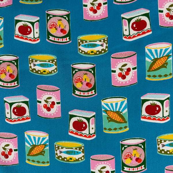 Retro Cans cotton oxford fabric by Sevenberry in teal, style 850607