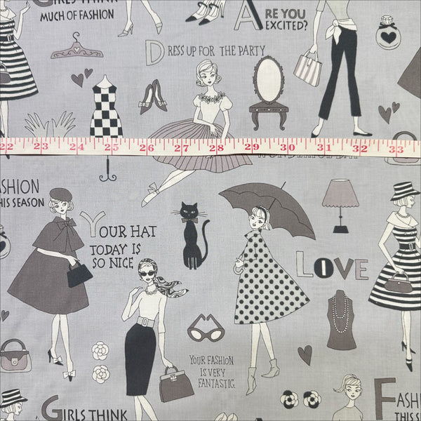 Scale of Retro Fashionistas cotton fabric in gray featuring 1960s-era fashion ladies by Miyako Kawaguchi for Kei Fabrics