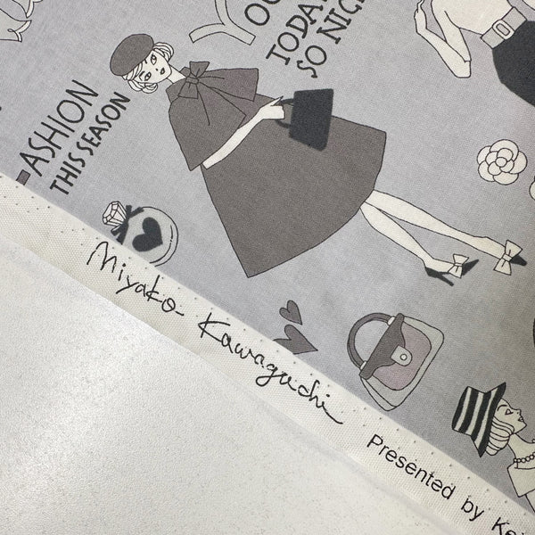 Selvage of Retro Fashionistas cotton fabric in gray featuring 1960s-era fashion ladies by Miyako Kawaguchi for Kei Fabrics