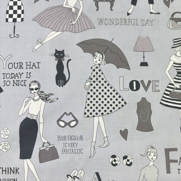 Retro Fashionistas cotton fabric in gray featuring 1960s-era fashion ladies by Miyako Kawaguchi for Kei Fabrics